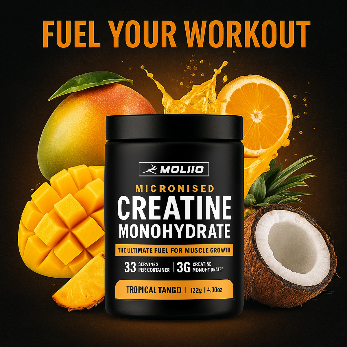 MOLLIO™ Pure Micronised Creatine Monohydrate (122g, 33 Servings) Tropical Tango