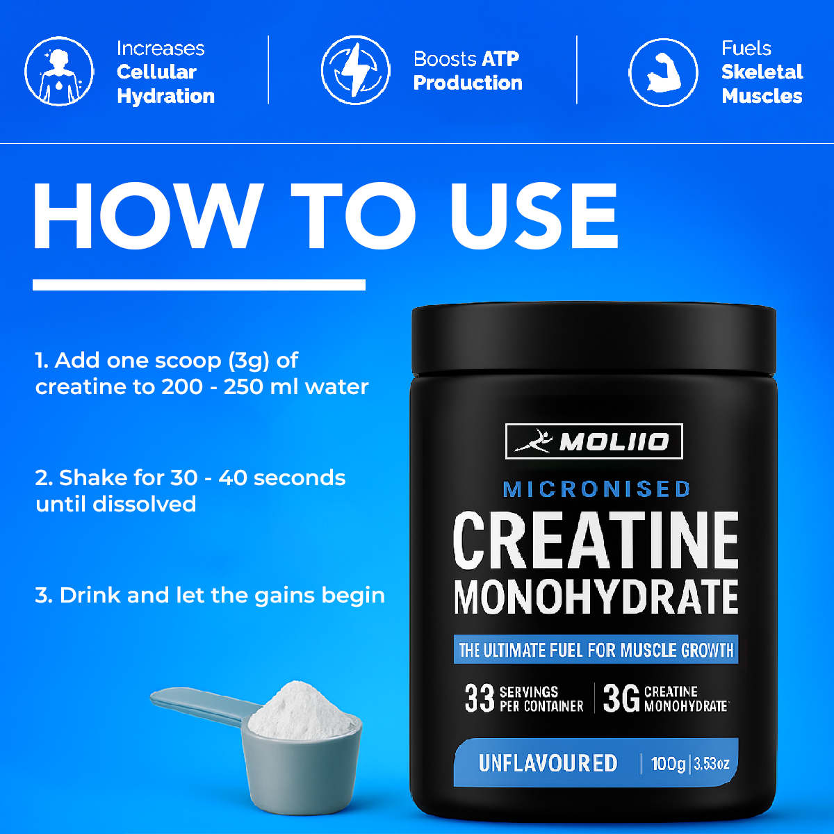 MOLLIO™ Micronised Creatine Monohydrate (100g, 33 Servings)